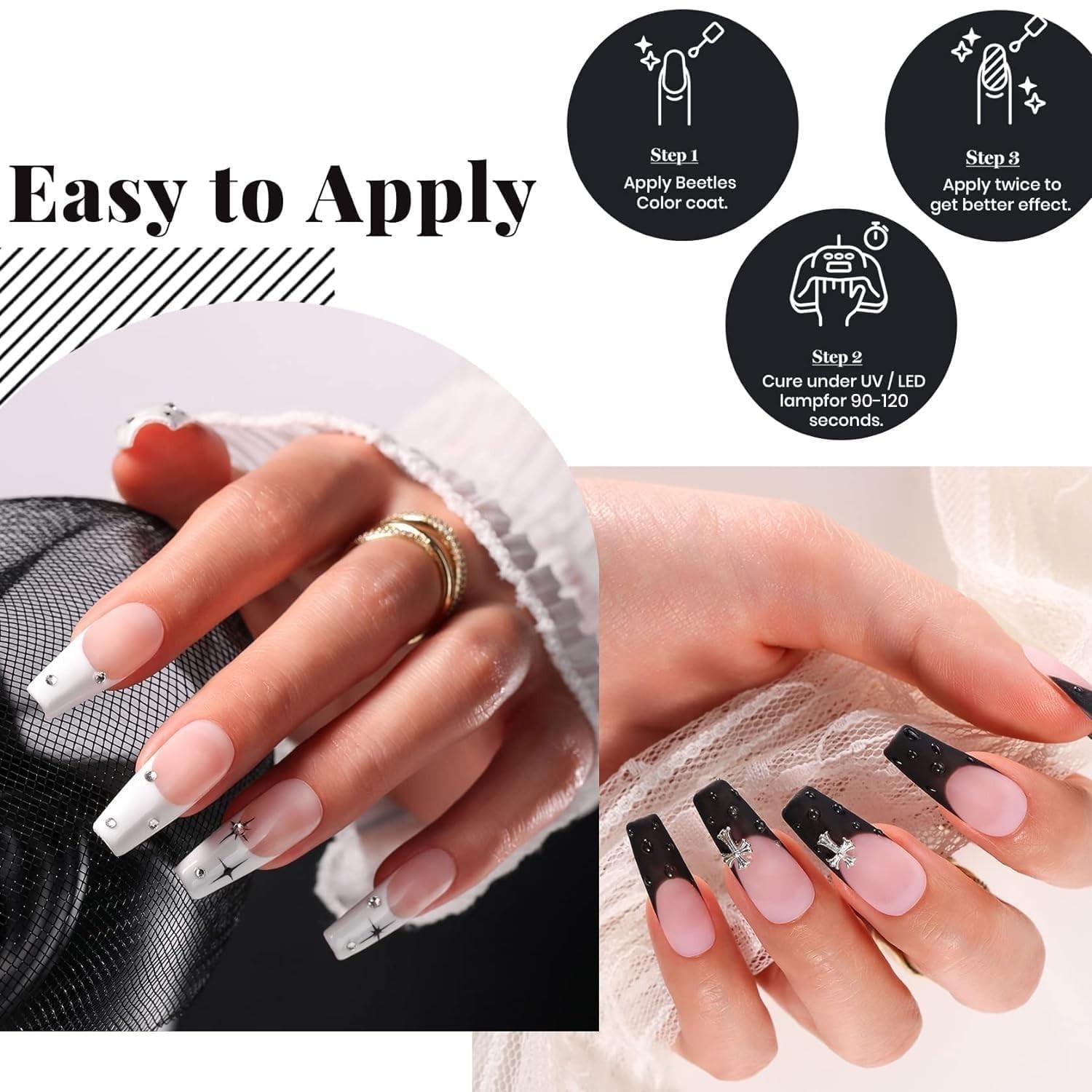 Beetles Gel Nail Polish Set- 4Pcs White Black Gel Nail Polish with No Wipe Top&B