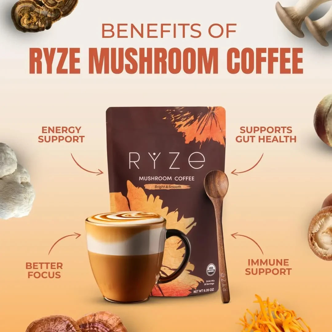 RYZE Mushroom Coffee USDA Organic with 6 AdaptogenicMushrooms and MCT Oil.