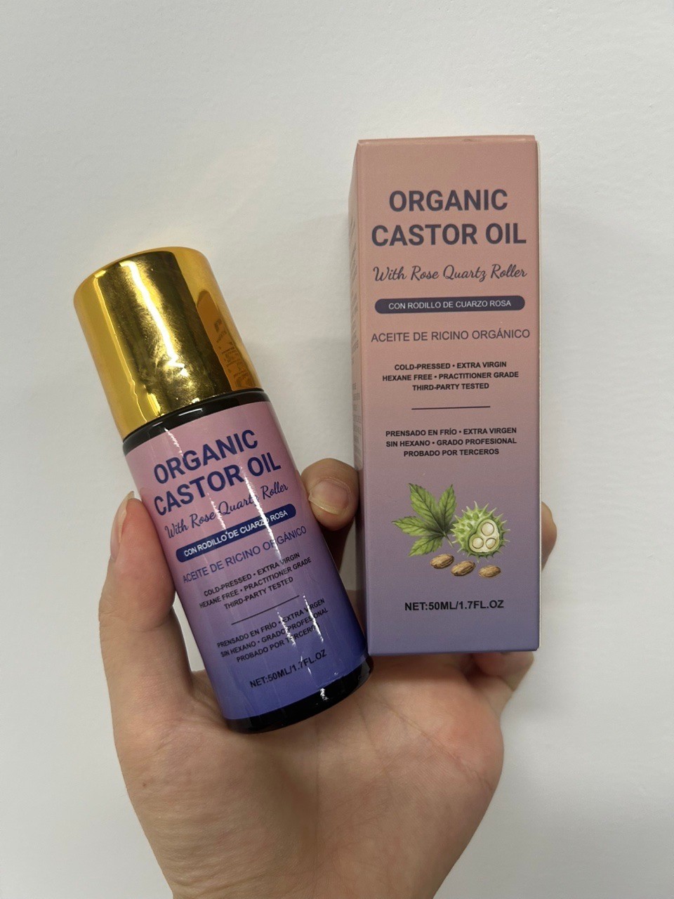 1Bottle Organic Golden Castor Oil Roll-On with Rose Quartz for Skin,Hair&Wrinkle