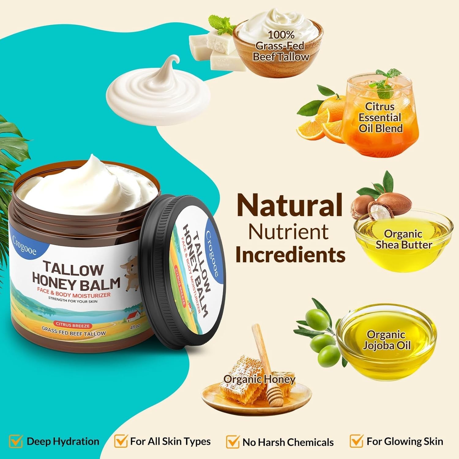 Whipped Beef Tallow Balm Grass Fed Honey Moisturizer Face Body 2oz
