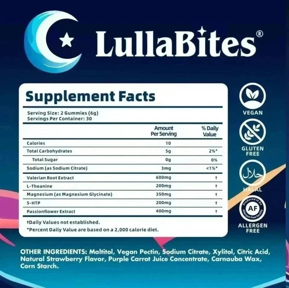 LullaBites Natural Sleep Gummies USA Made 60 Count 30 Servings