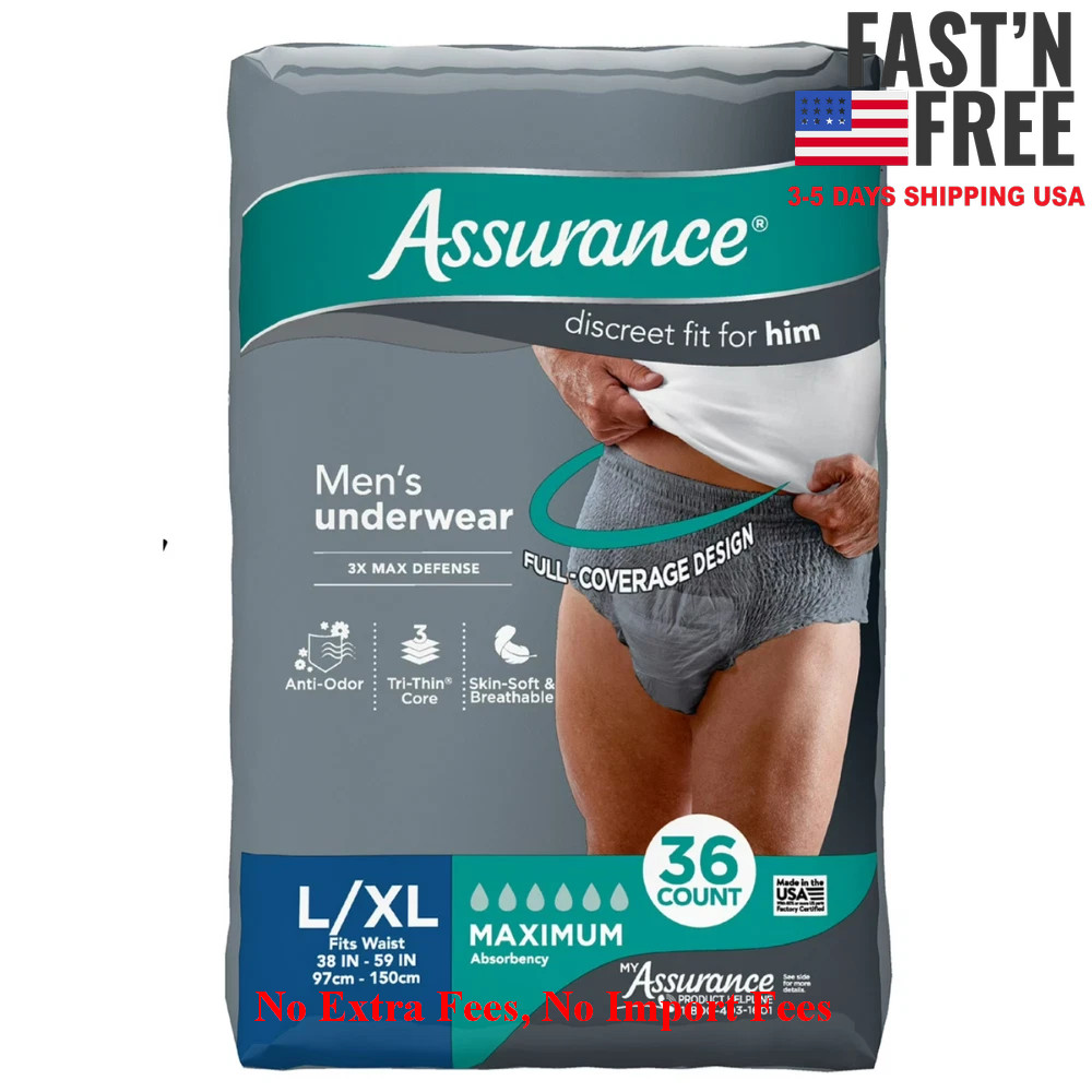 2 Pack Assurance Men’s Incontinence Underwear, L/XL, Maximum, 36 Ct, (72 Total)