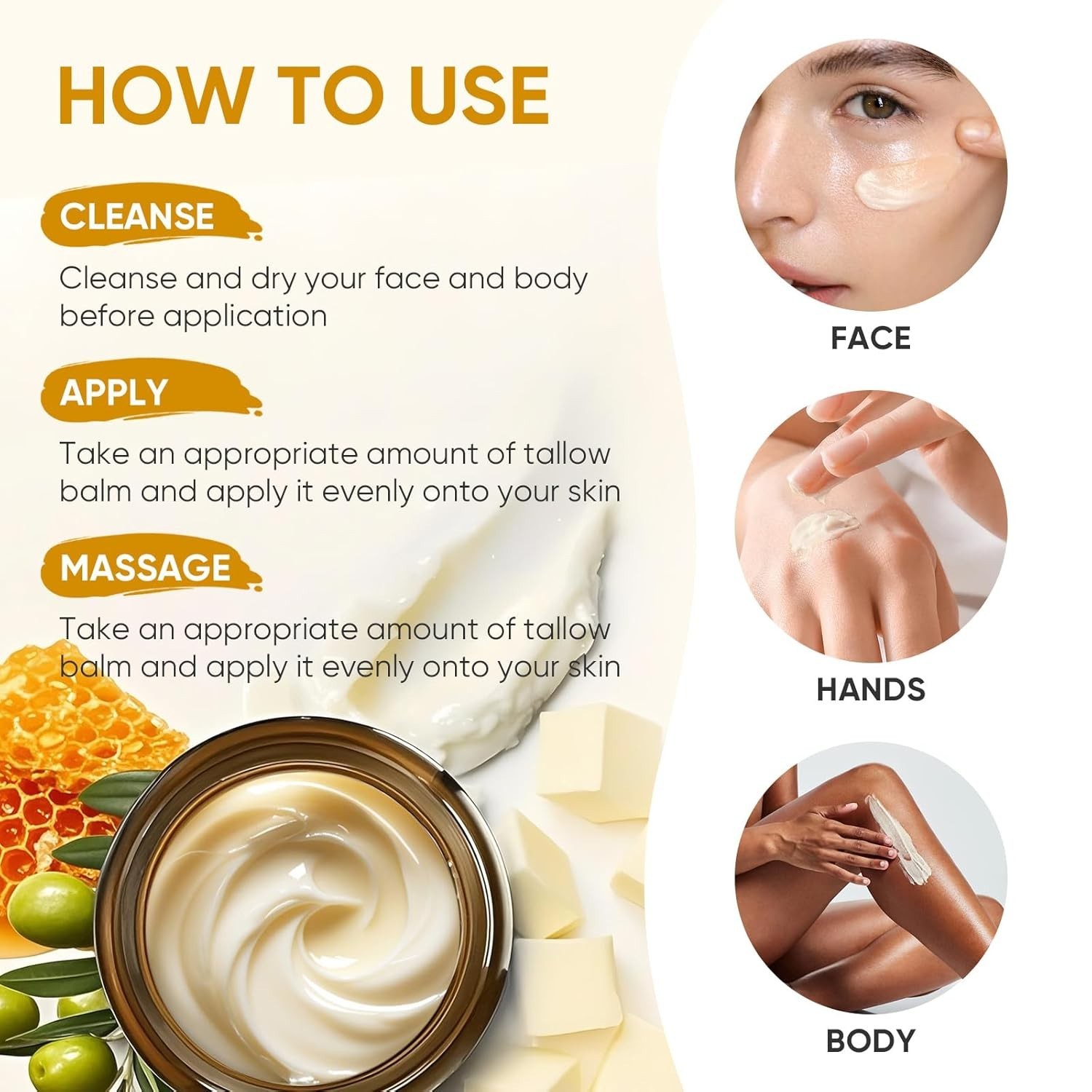 Beef Tallow Balm for Face Body Grass Fed Honey Moisturizer 4oz Organic