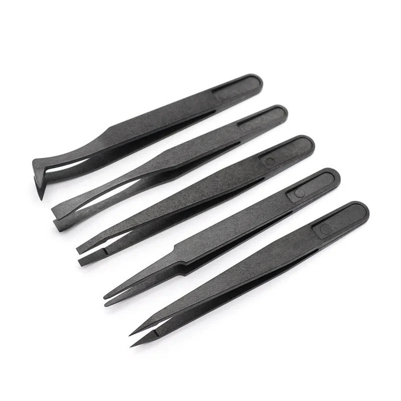 New Arrival 5Pcs/Set Portable Black Straight Bend Anti-Static Plastic Tweezer He