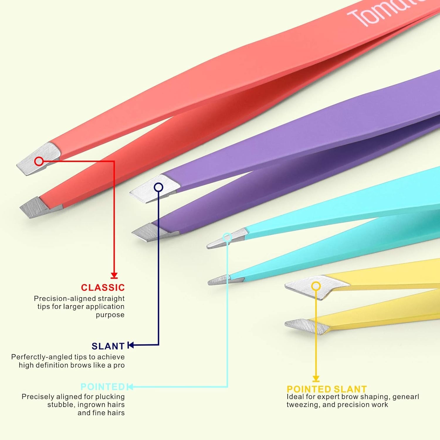 Tomata Tweezers for Eyebrows, Slant Tip and Pointed Eyebrow Tweezer Set
