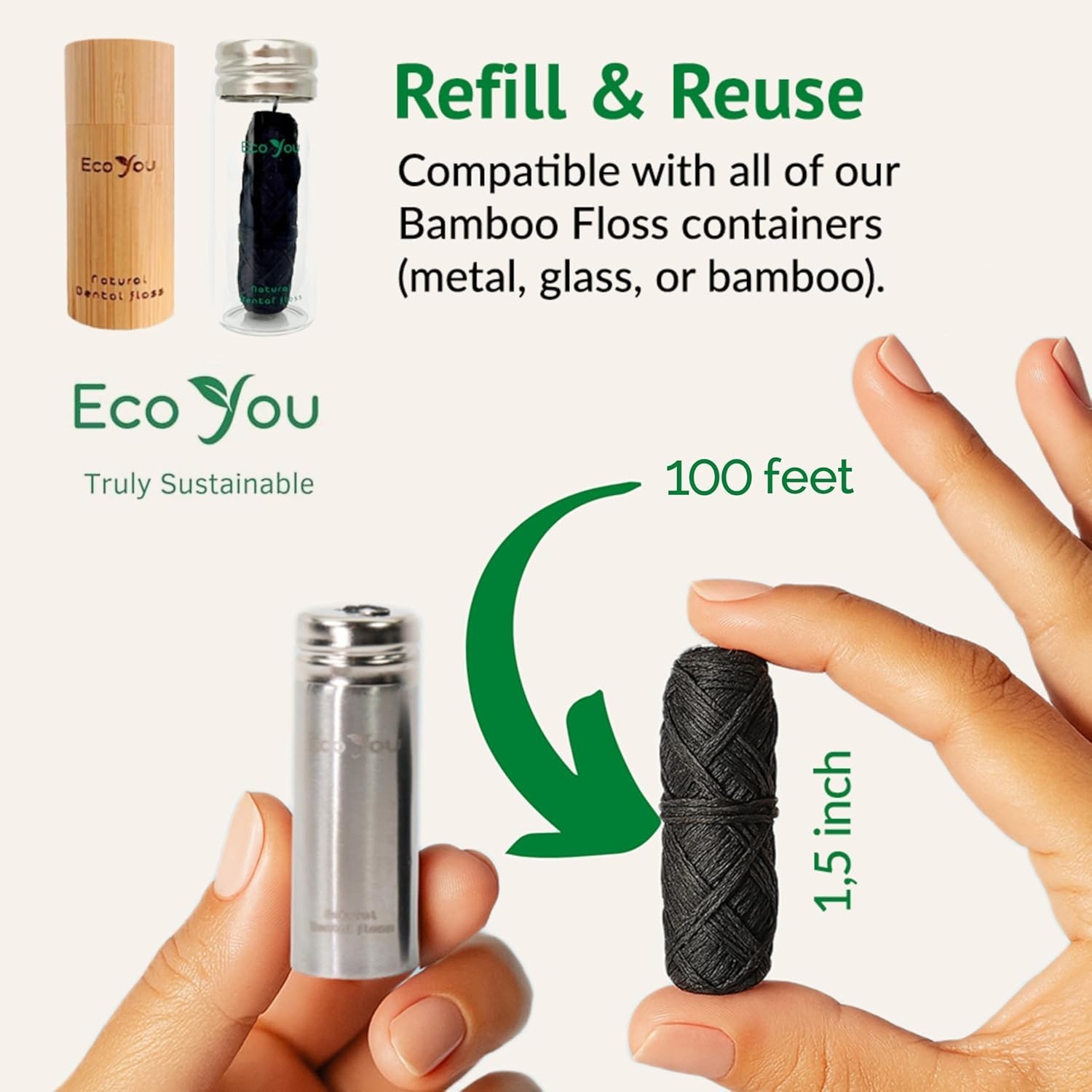 Bamboo Floss Refill | 4X100 FT Biodegradable Floss Refill | Mint & Candelilla |