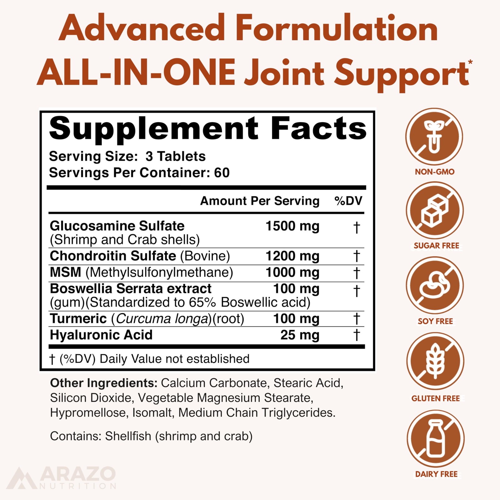 Arazo Nutrition Glucosamine Chondroitin Turmeric 180 Count (Pack of 1), Blue