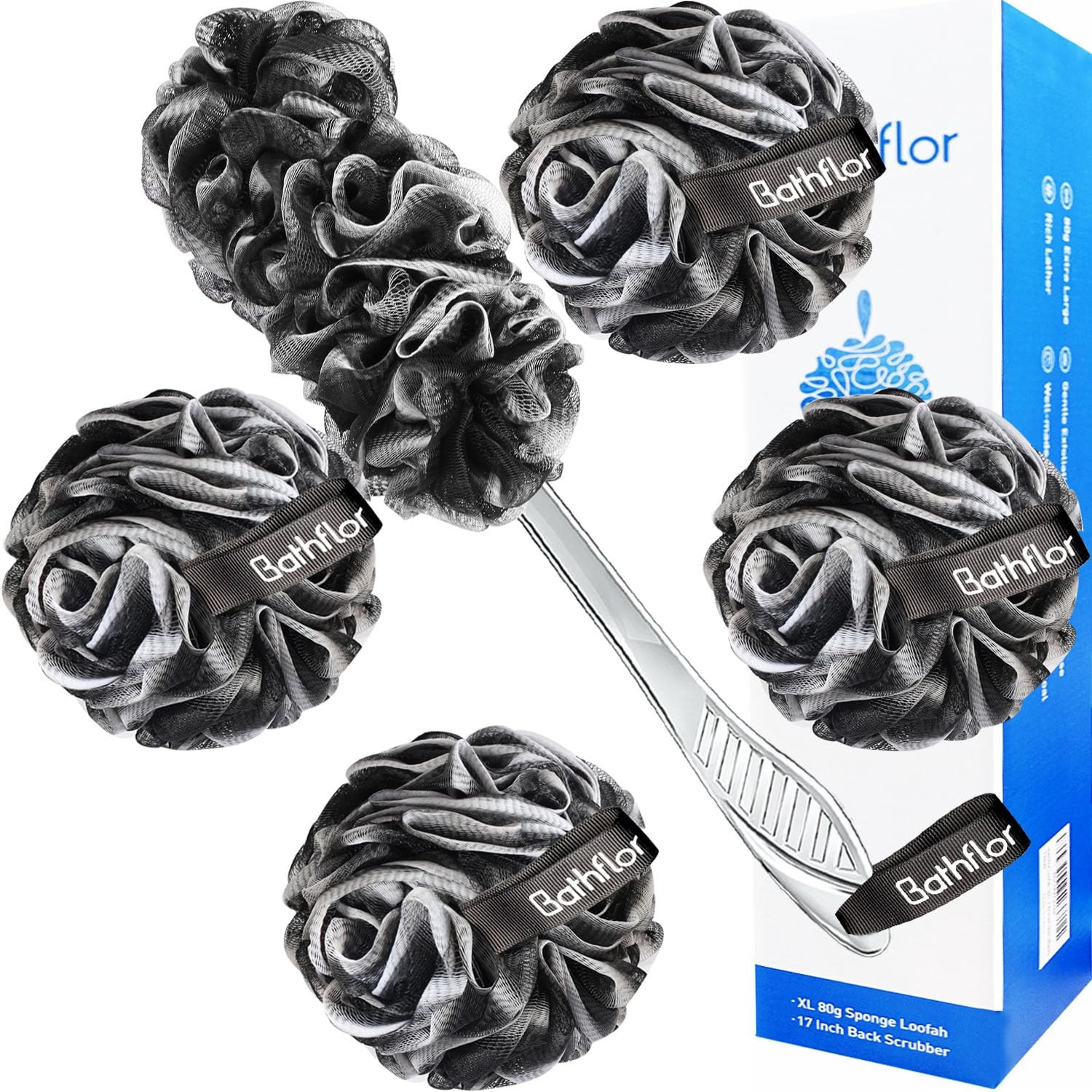 6 PCS Black Charcoal Loofah Set, 4 XL 80g Poufs, 1 Long Handle Back Scrubber