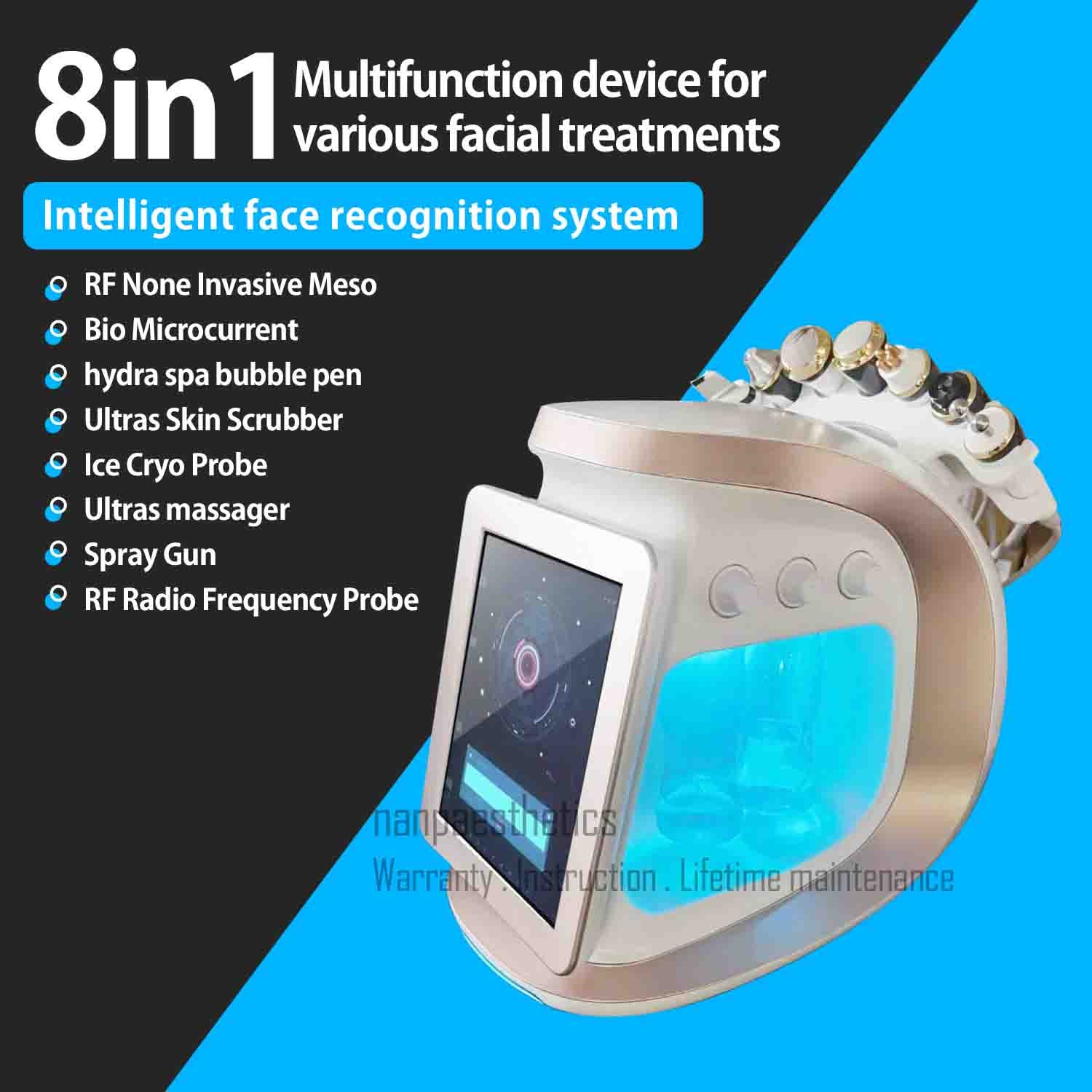 8in1 Hydra Dermabrasion RF Microcurrent Ice Cold Hammer Meso Facial Spa Machine