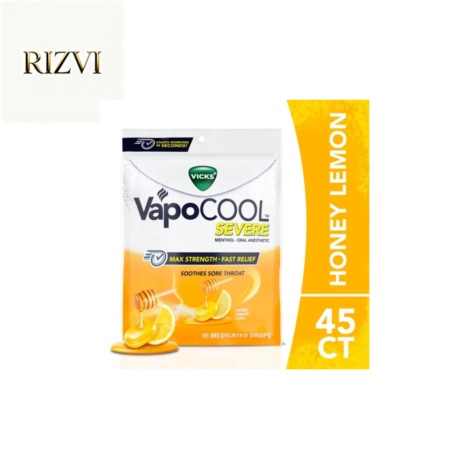 Vicks VapoCool Severe Medicated Sore Throat Drops, Menthol, Honey Lemon, 45 Ct