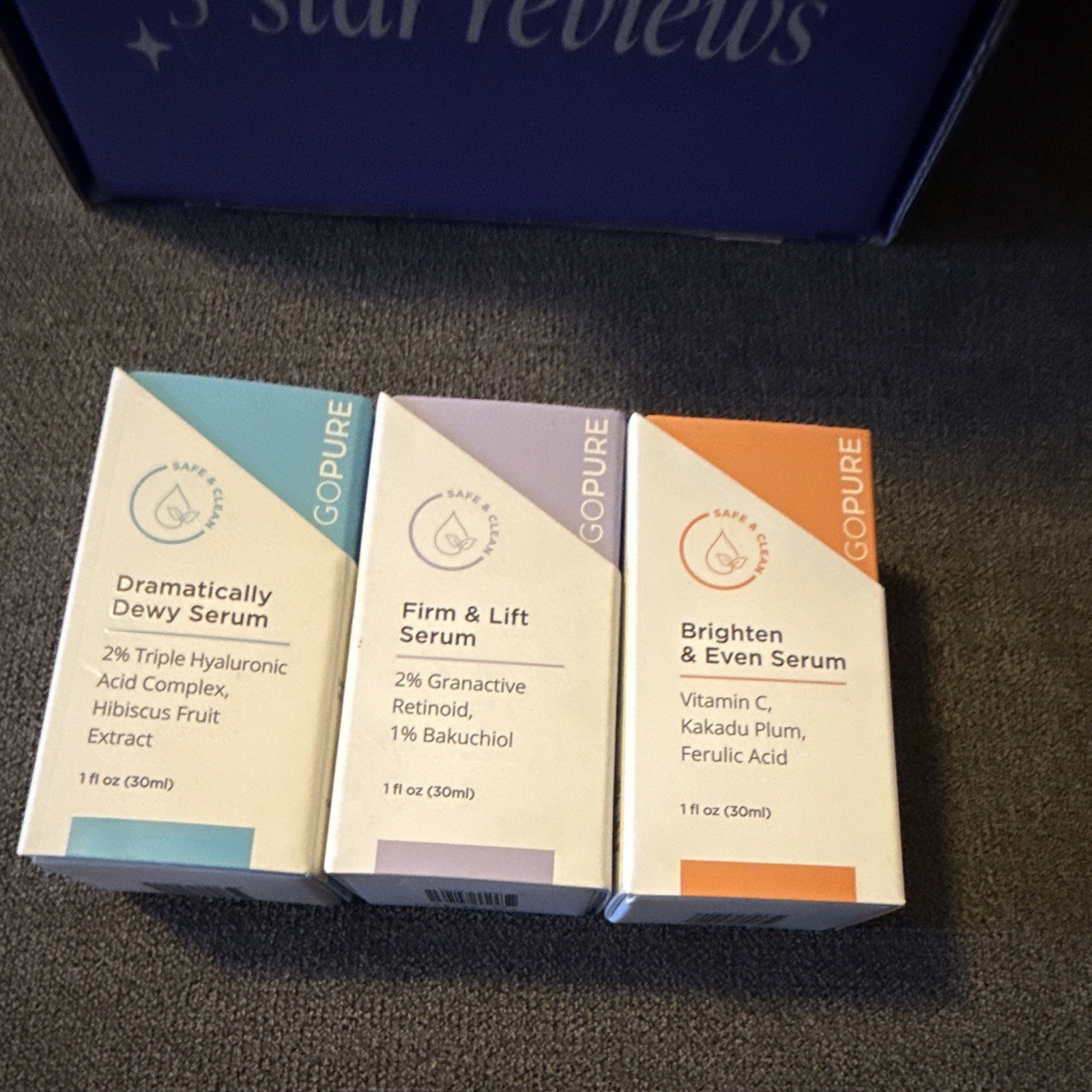 GoPure 3pc Face/Neck/Chest Serum Set Dramatically Dewy Firm & Lift 1oz