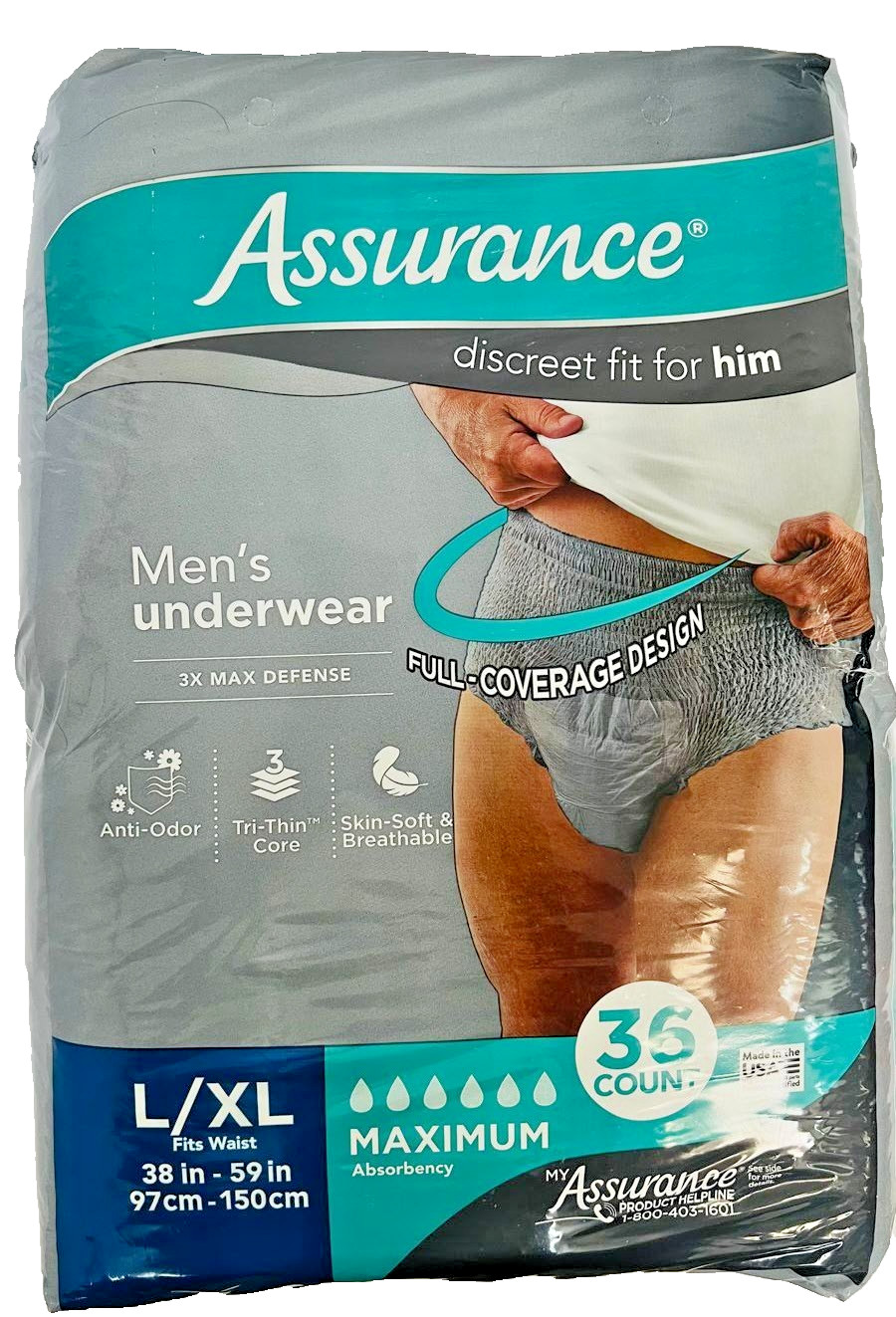 Assurance Men’s Incontinence Underwear L/XL Maximum Absorbency 36 Count