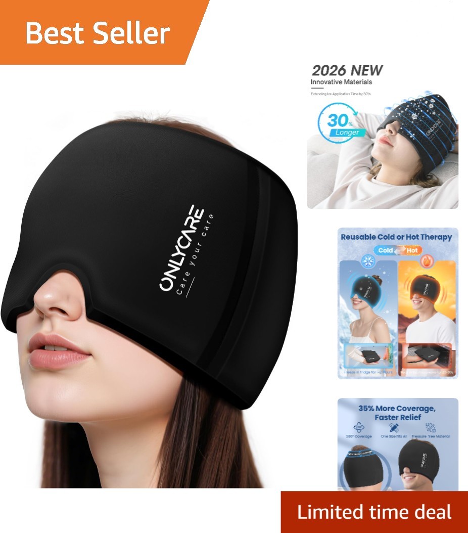 Sleek Black Odorless Migraine Relief Cap with Hot & Cold Therapy for Adults