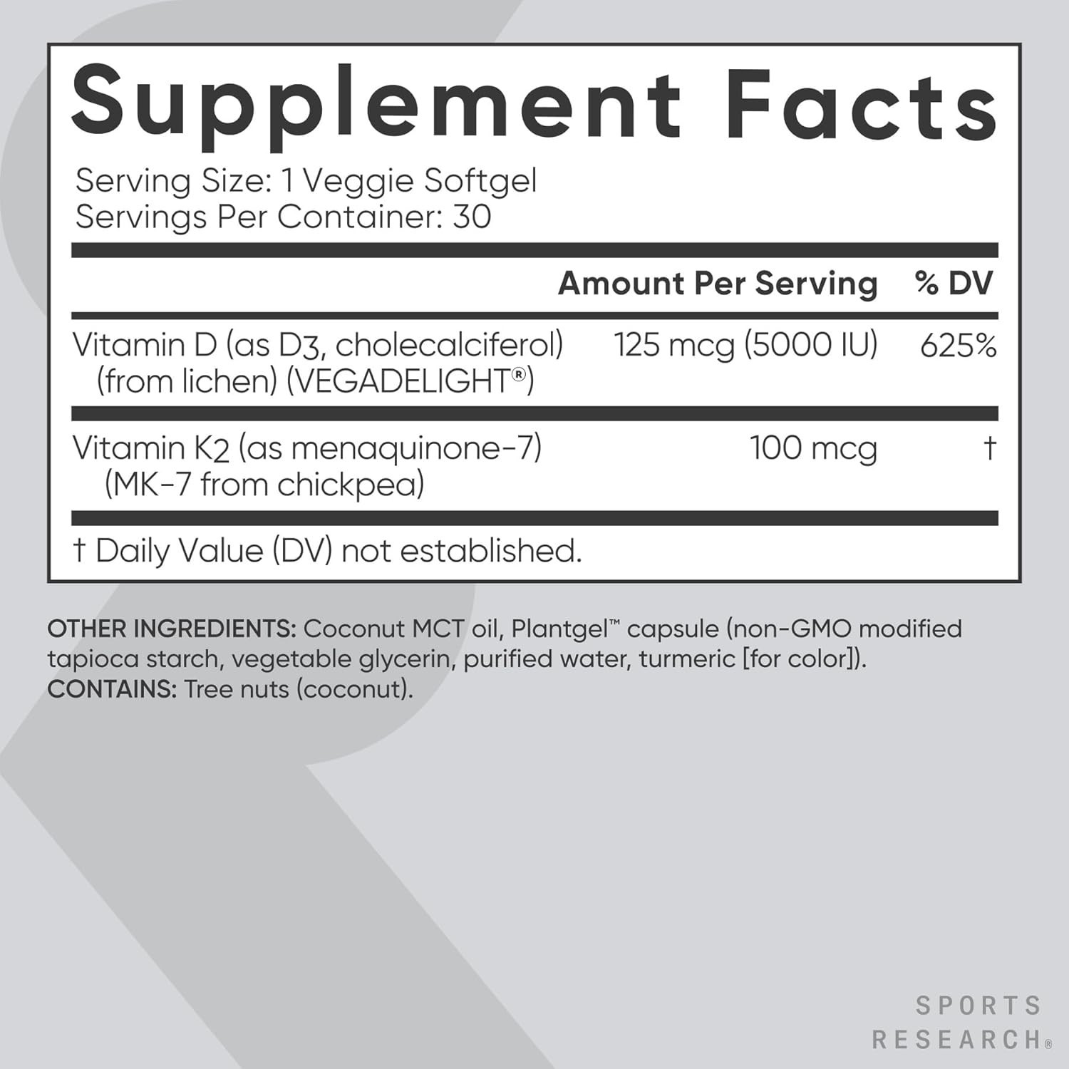 Vitamin D3 K2 Vegan D3 5000iu + K2 MK7 + Plant Based Coconut Oil – 30 Softgels