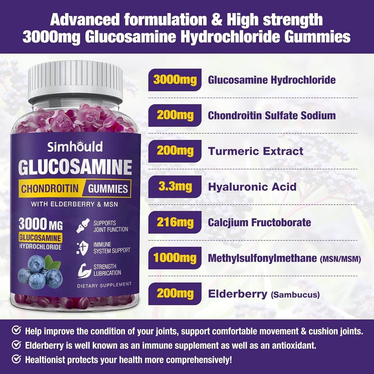 3 Packs Glucosamine Chondroitin Gummies – 3000MG Extra 60 Count (Pack of 3)