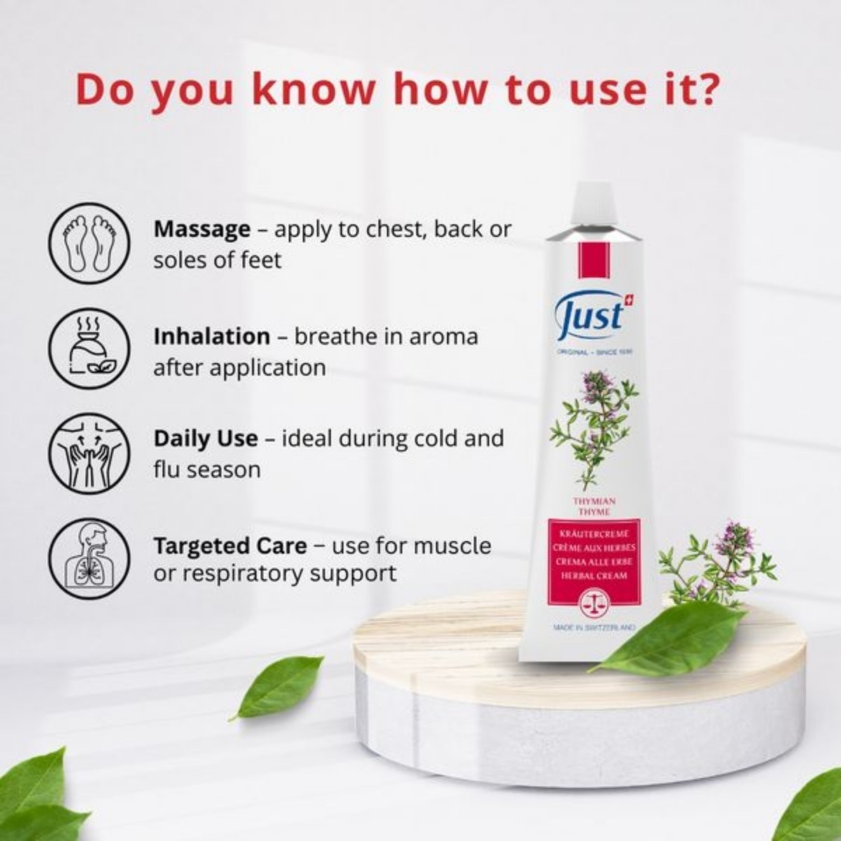 SWISS JUST Thyme+Juniper Cream+31 Essential Oil Anti Aging Therapy Body Massage