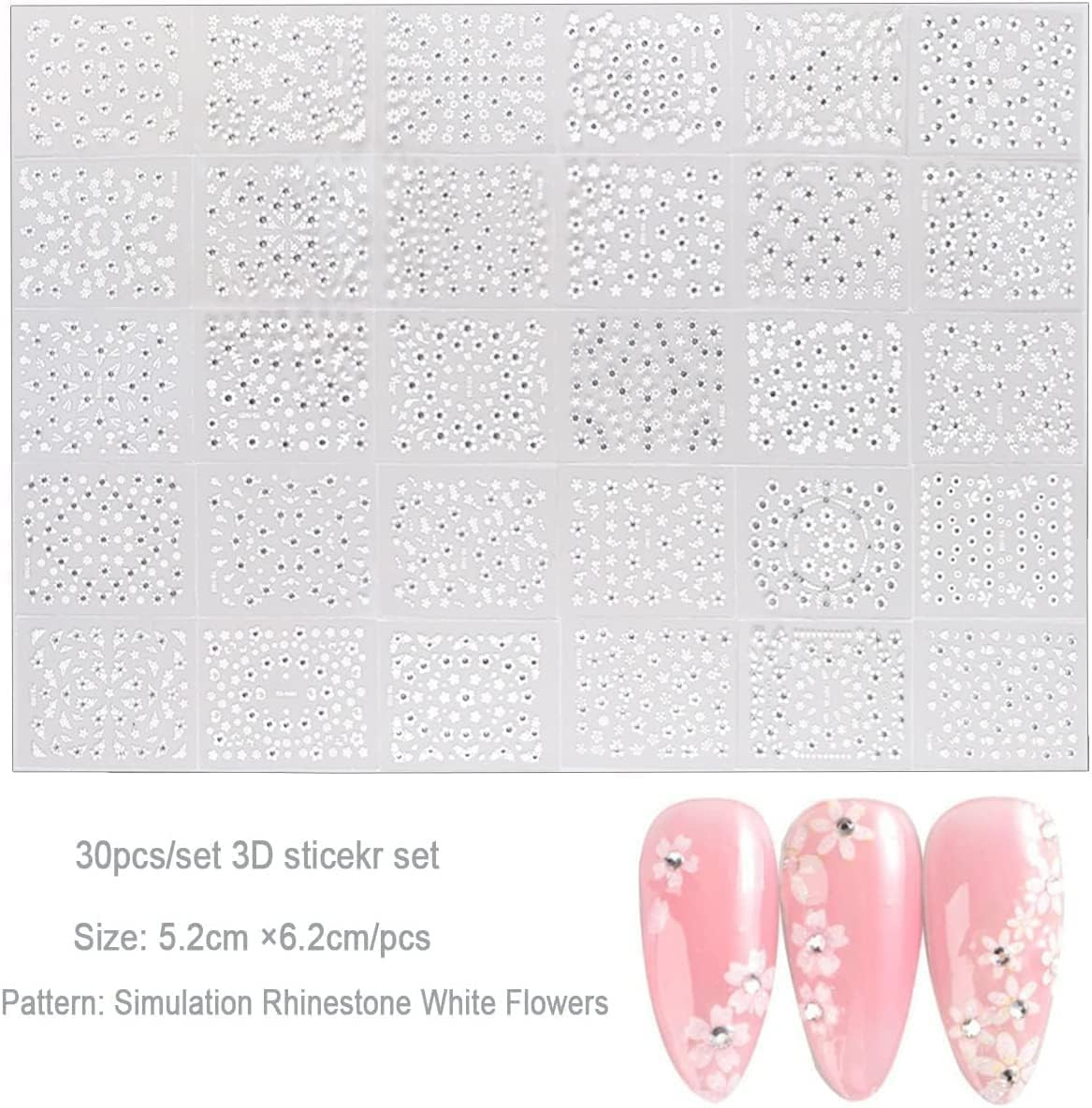White Flower Nail Art Stickers White Flower with Rhinestones Nail Decals 3D Self