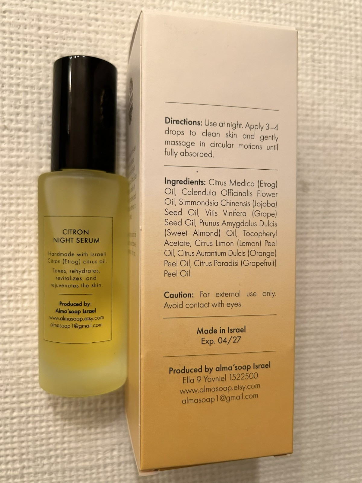 Citron Night Serum; 30ml; all-natural face serum; Produced by Alma’ soap Israel