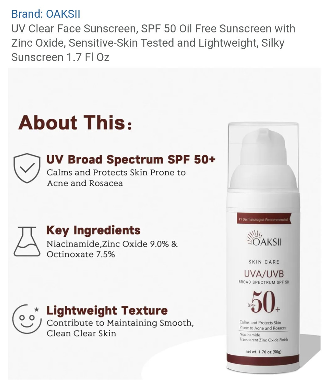 OAKSII UV Clear SPF 50+ Broad Spectrum Oil-Free Face Sunscreen 1.7 fl oz