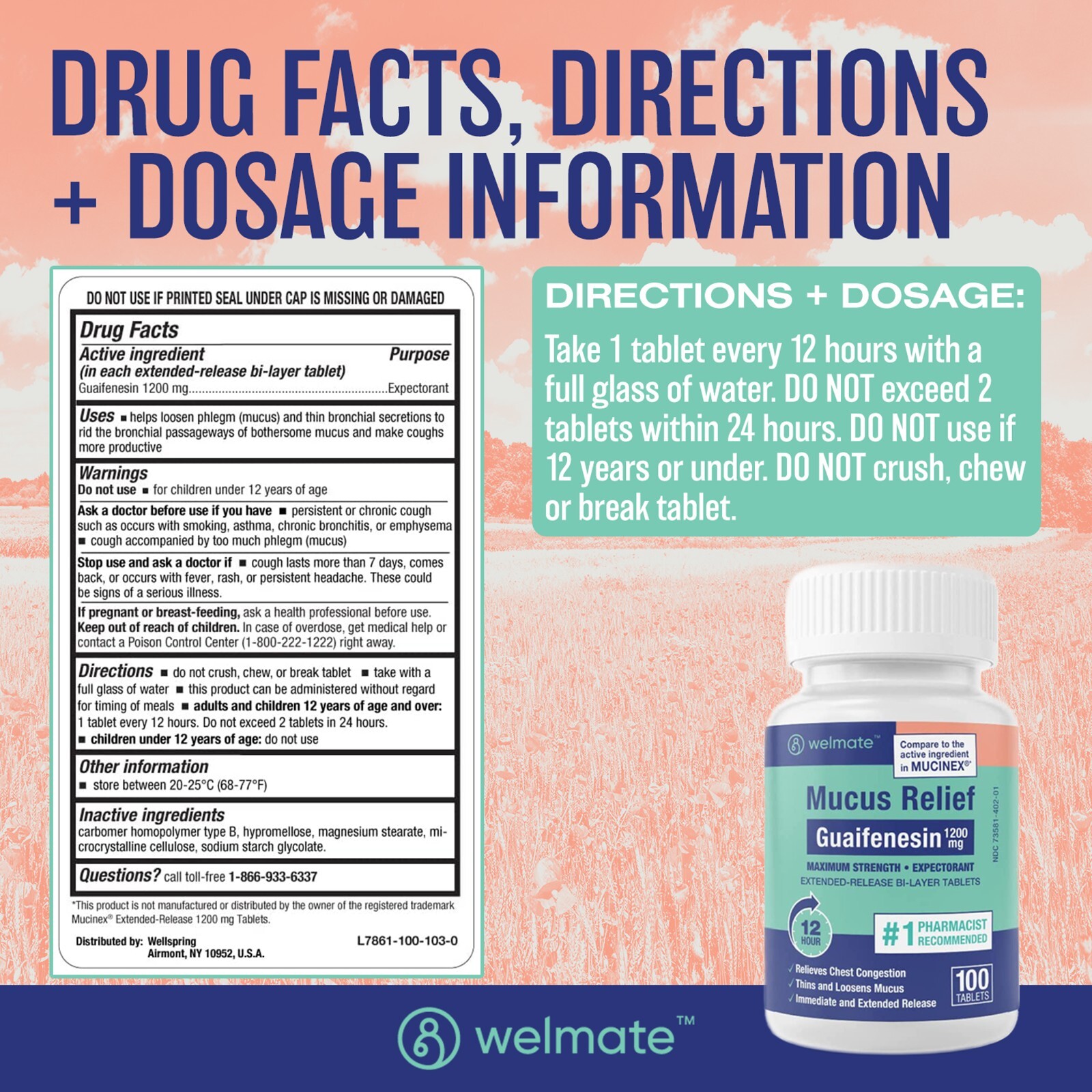 Welmate Mucus Relief | Guaifenesin 1200 mg Maximum Strength | 100 Count