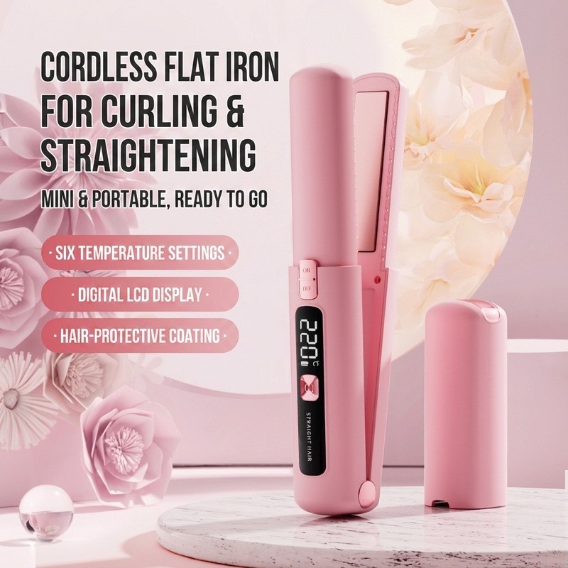 Cordless Hair Straightener and Curler Rechargeable Travel Flat Iron for Women