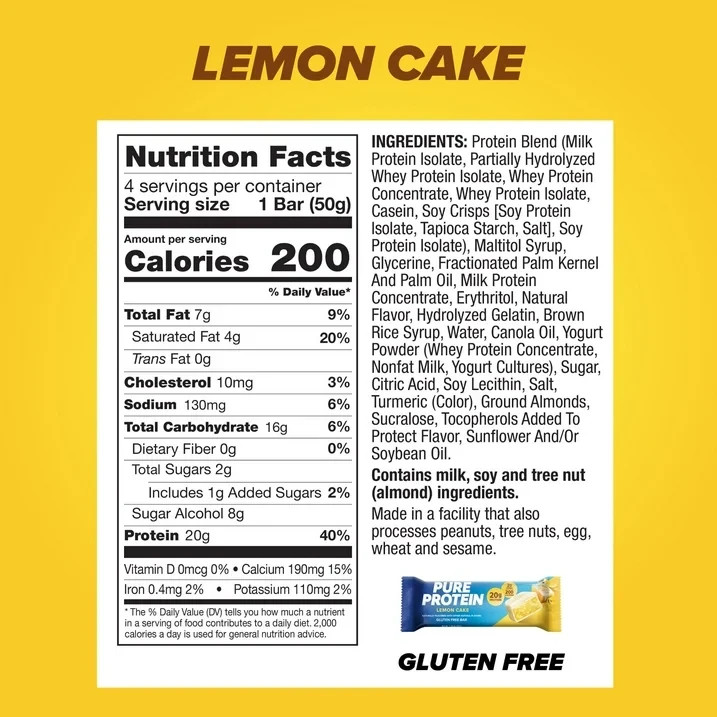Pure Protein Bars, Lemon Cake, 20g Protein, Gluten Free, 1.76 oz, 4 Ct