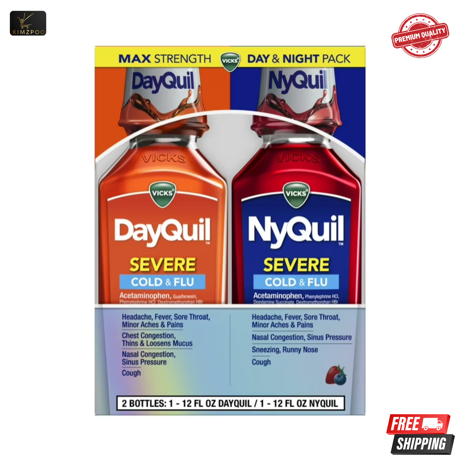 Vicks DayQuil & NyQuil Severe Cold Flu Liquid 12oz Each Adult Medicine Pack