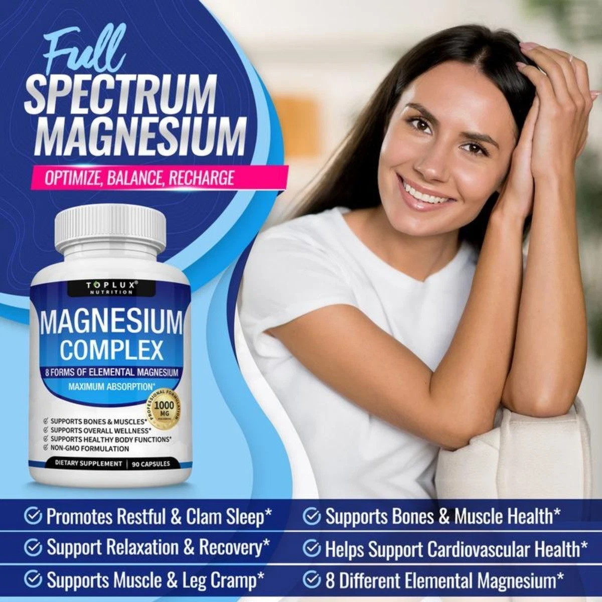 Magnesium complex supplement: 1000mg of 8-element magnesium, 90 capsules