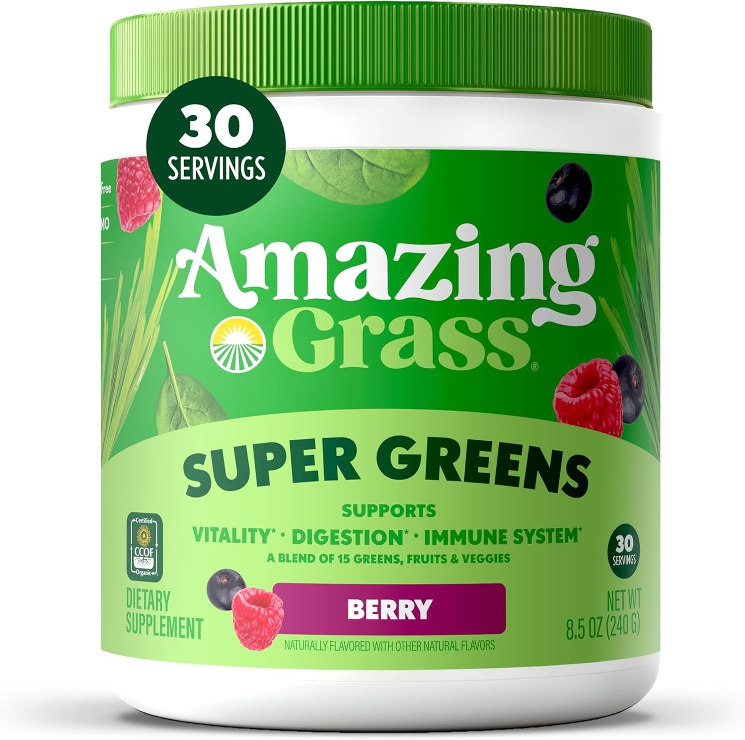 30 Servings Berry-Flavored Organic Superfood Powder with Spirulina & Probiotics