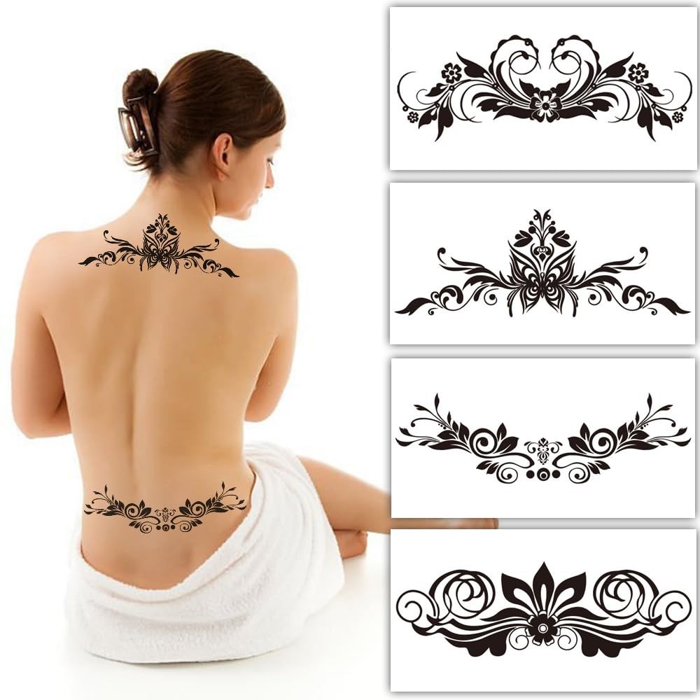 4 Sheets Temporary Tattoos for Women Chest Neck Lower Back Waterproof Body Art