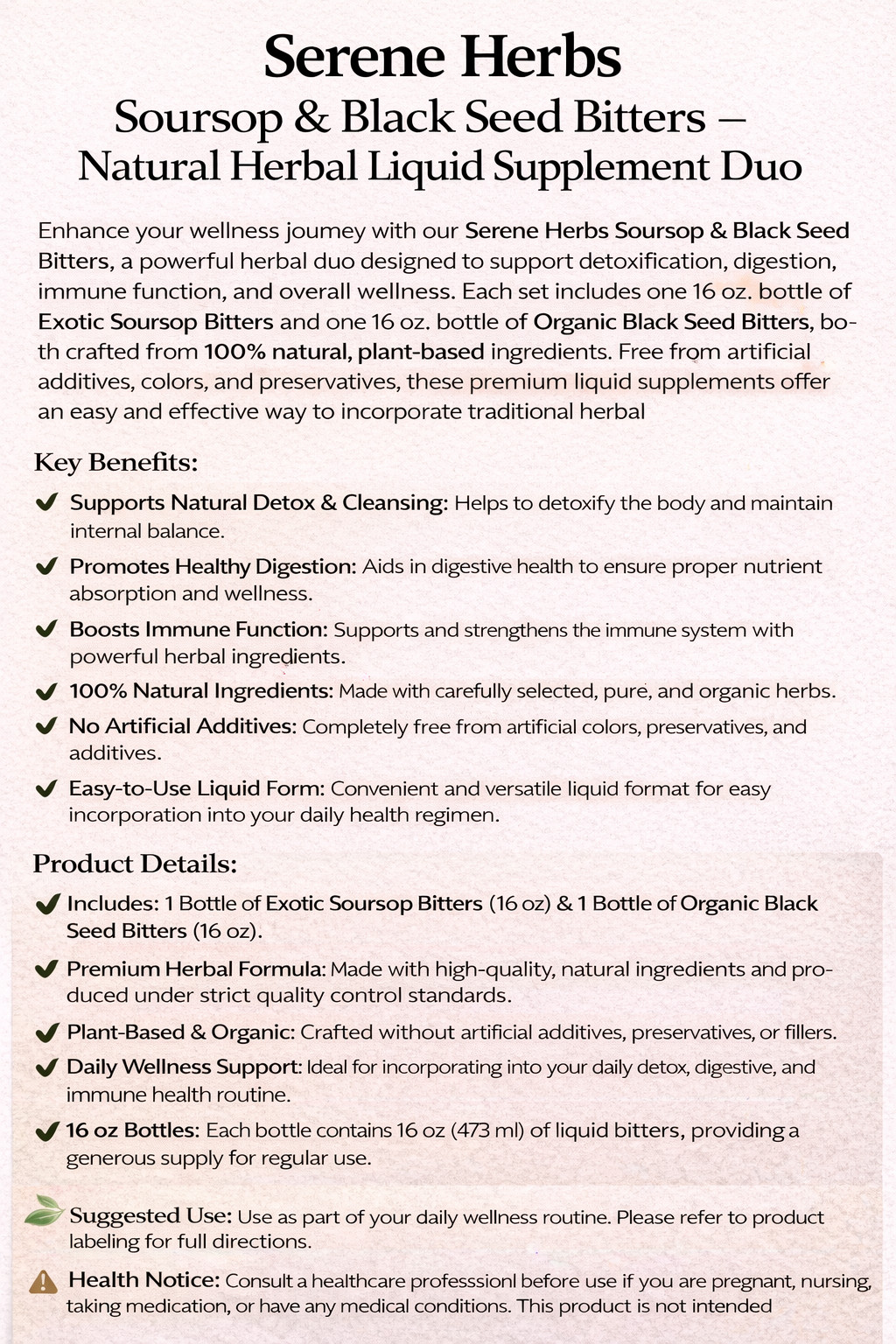 Black Seed and Soursop and Bitters (Pack of 2) 100% Natural Organic 16 oz bottle