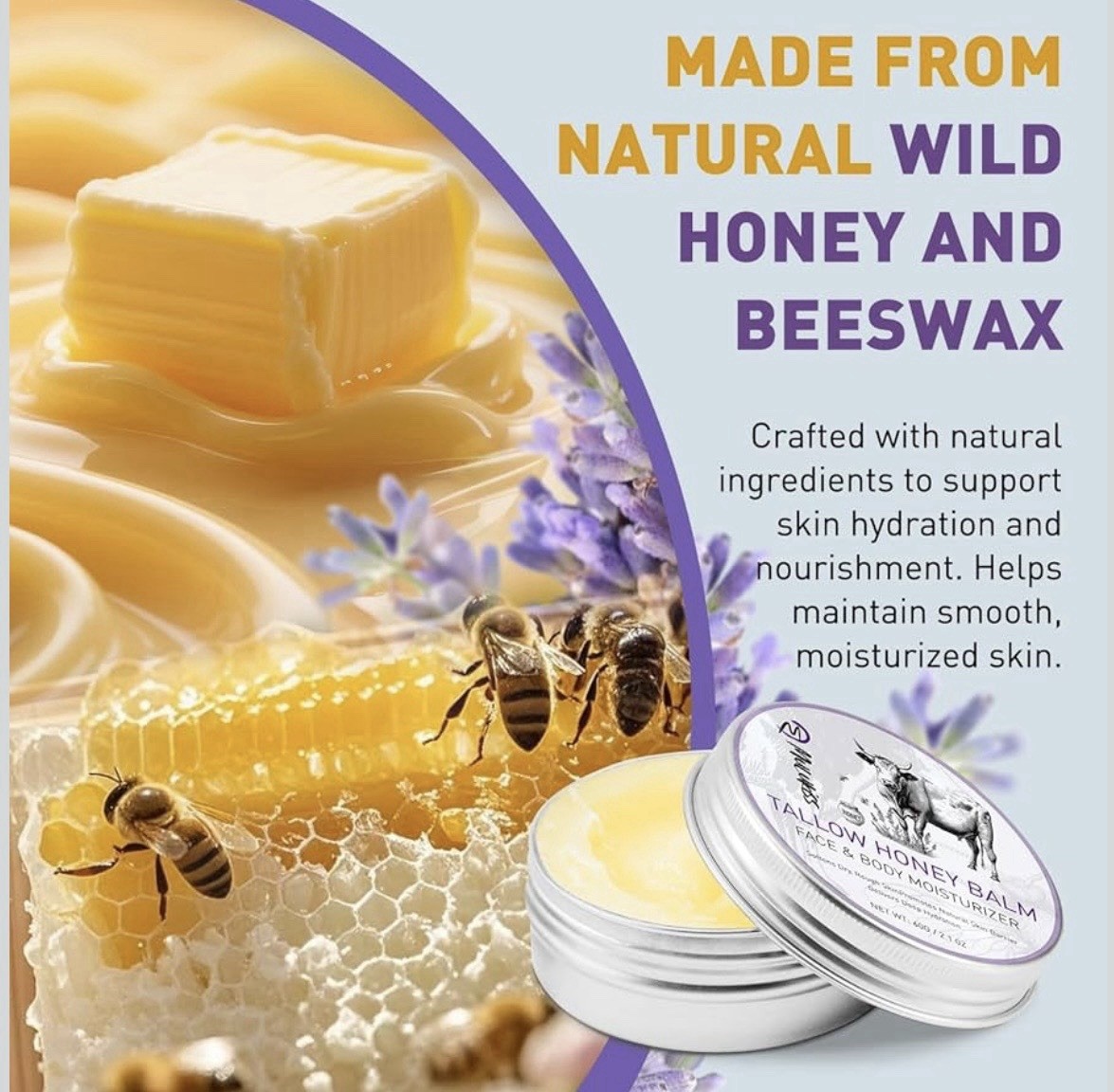 Mulkiss Tallow Honey Balm Hydrating Face & Body Moisturizer Lavender 2.1oz