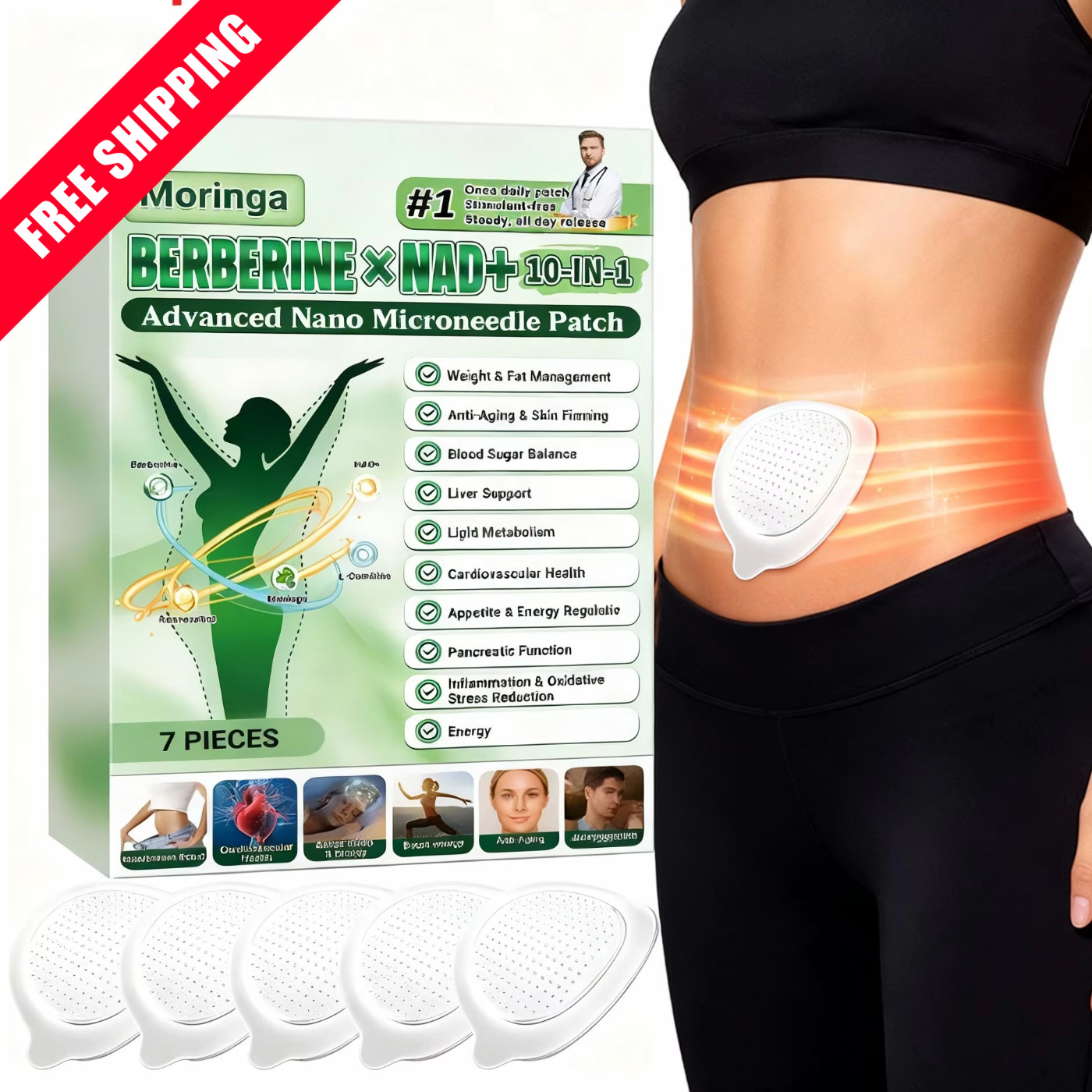 10-in-1 Moringa Berberine Weight Loss Patch Nano Microneedle Slimming 7pcs