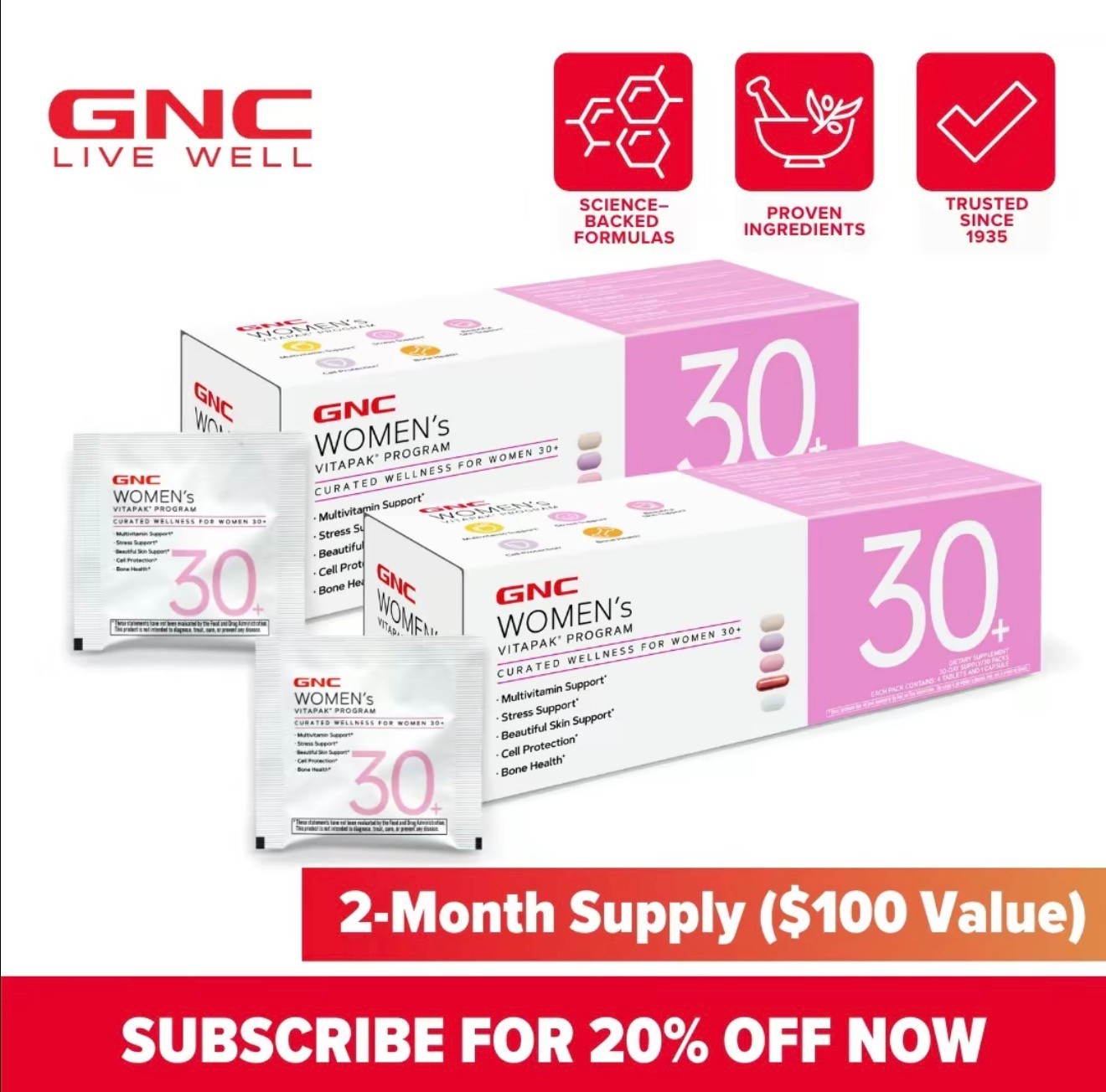 2 pcs GNC Womens Vitapak 30+ Daily All-in-One Nutrition Pack Bone & Cell Support