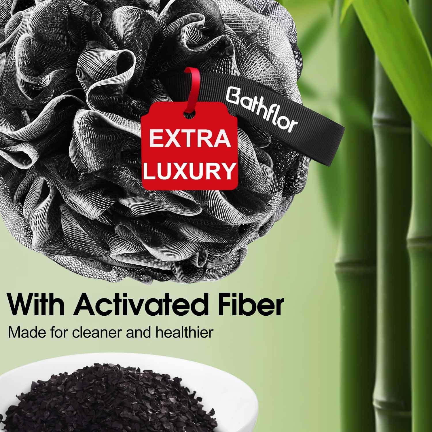 6 PCS Black Charcoal Loofah Set, 4 XL 80g Poufs, 1 Long Handle Back Scrubber