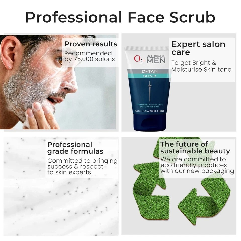 O3+ Alpha Men Acno D-Tan Scrub 50g | Tan Removal Mint Hyaluronic Scrub