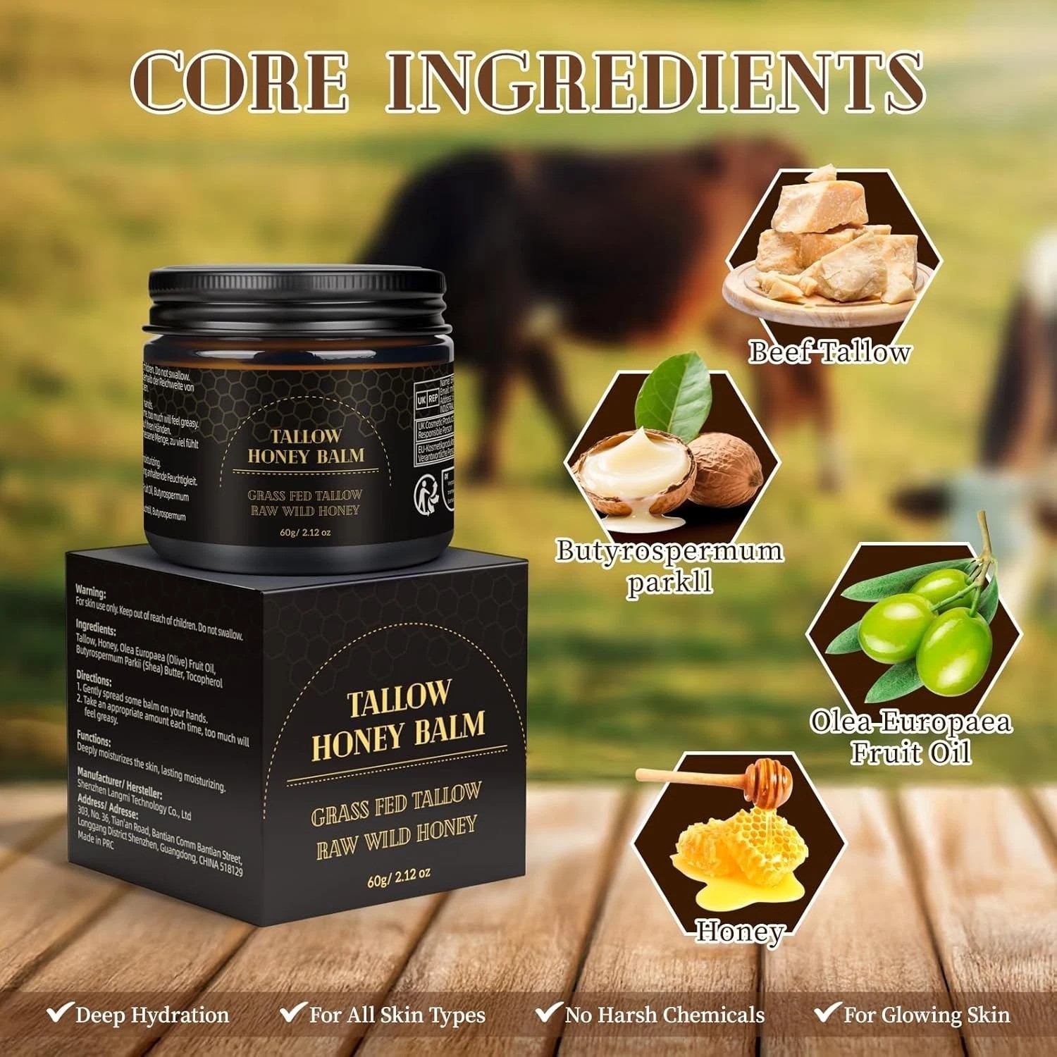 Beef Tallow for Skin, Tallow and Honey Balm for Face, Organic Grass-fed Beef