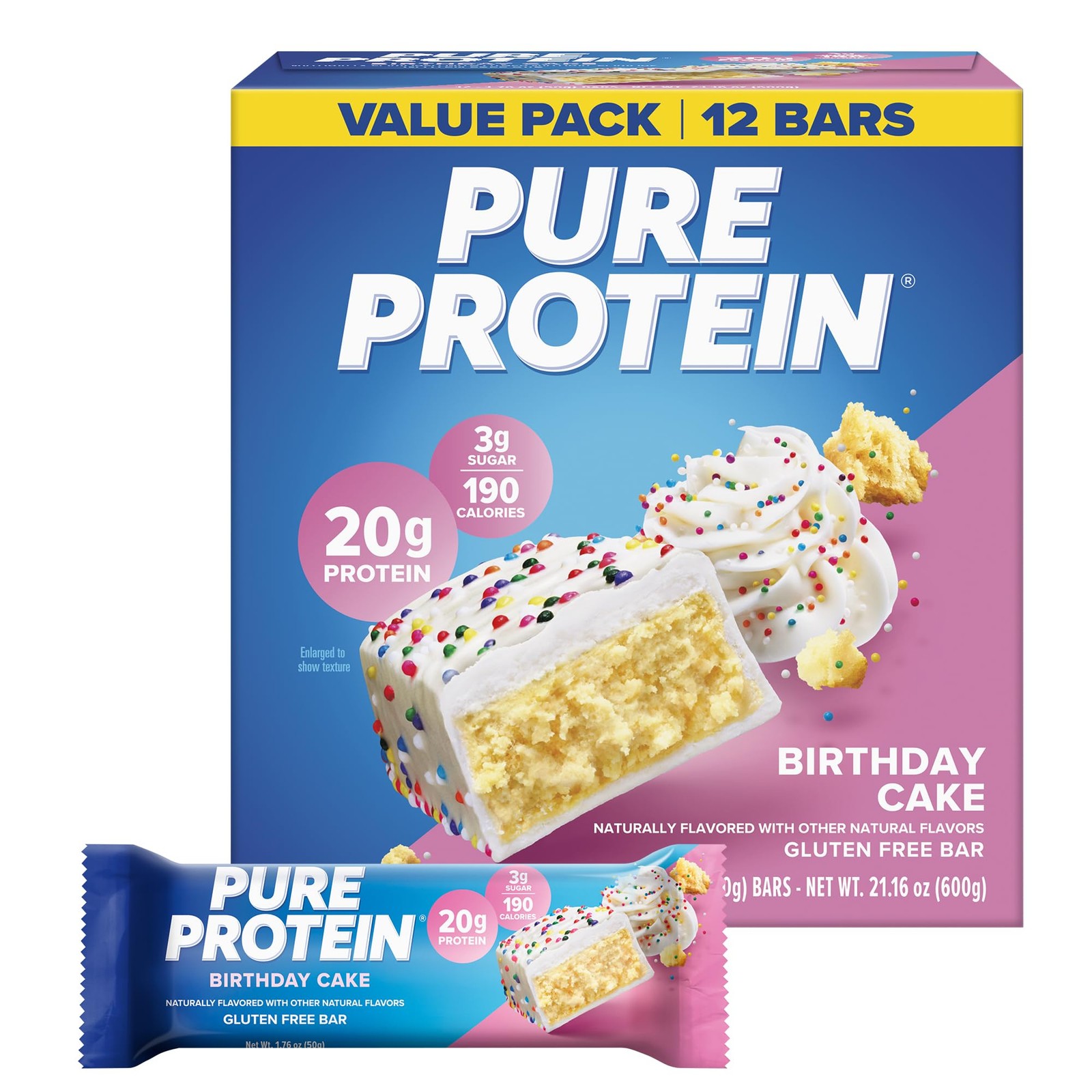 Pure Protein Birthday Cake Protein Bars High Protein Snack (12 count) FS.
