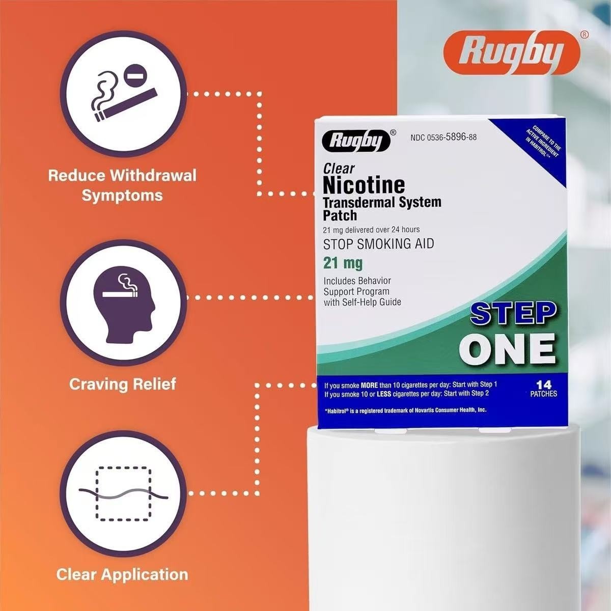 Rugby Clear Nicotine 21mg Transdermal System Patch Step Exp 06/2027