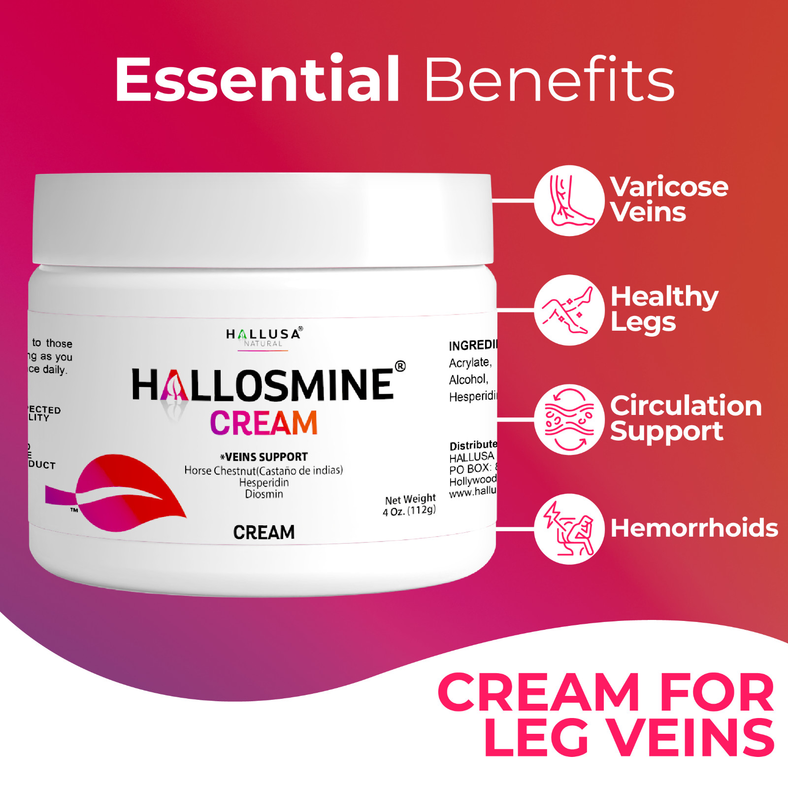 2 pack Hallosmine cream + Free Hallosmine Ultra Diosmin, Vein support supplement