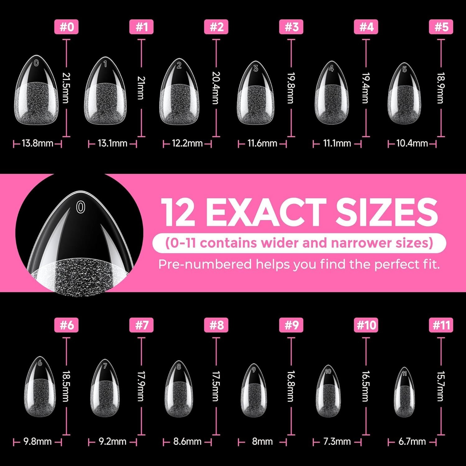 Easy Apply 216pcs Short Almond Acrylic Nails with Long Lasting Finish – 12 Sizes