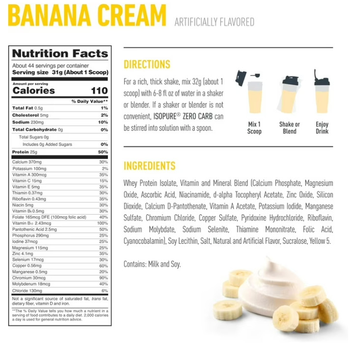 Isopure Zero Carb Whey Protein, Banana Cream, 3 lb, 25g Protein