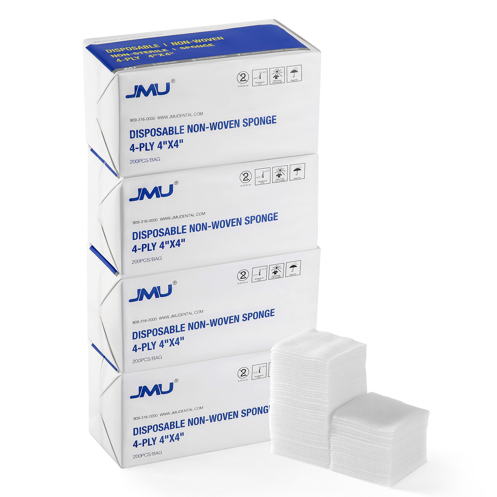 200/Bag JMU Dental 4-Ply Non-Woven Sponges Gauze Pads Non-Sterile Size 4″ x 4″