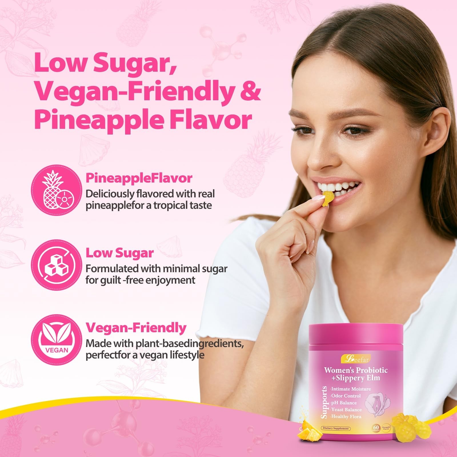 Leefar Her Juicy Probiotic Gummies – Slippery Elm, Gut & Vaginal Health, 60ct