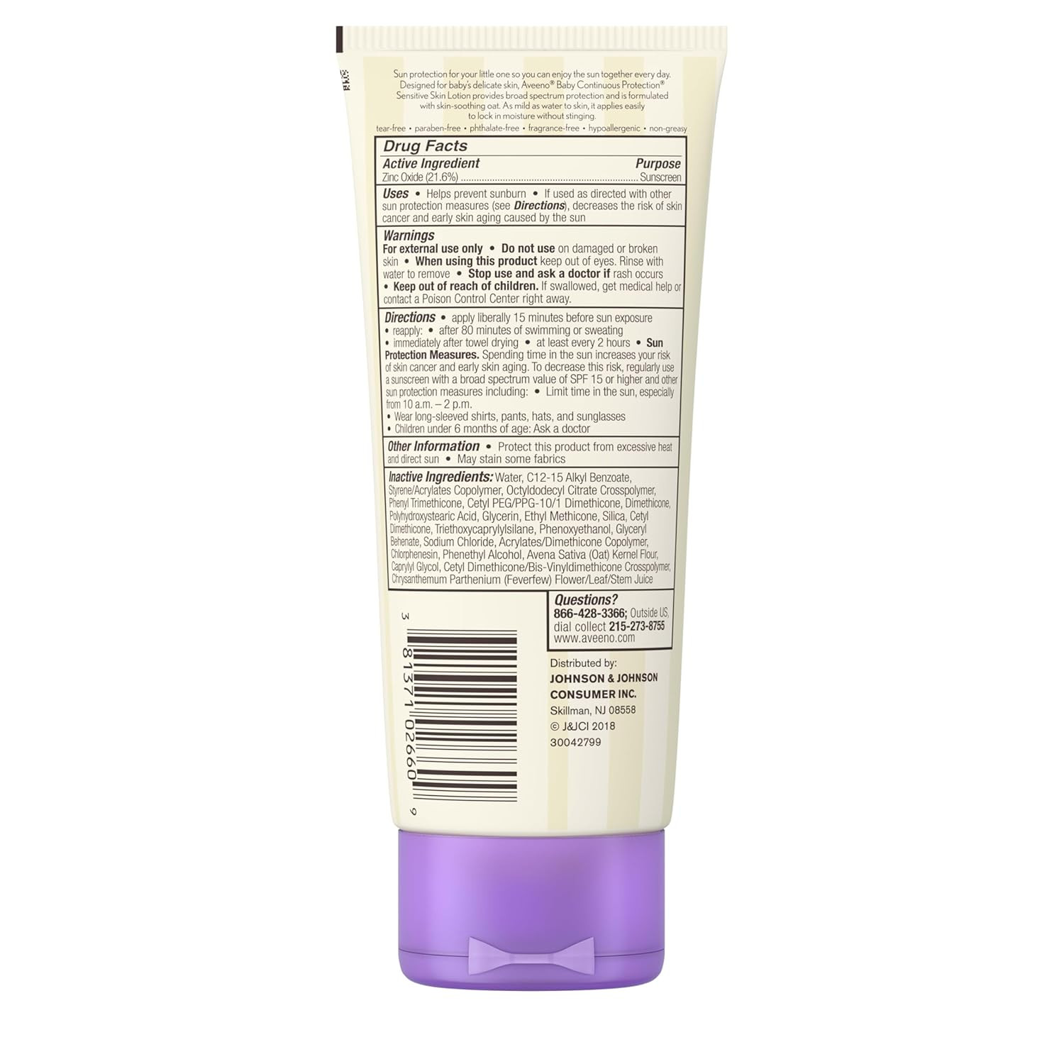 Aveeno Baby Continuous Protection Zinc Oxide Mineral Sunscreen Lotion for Sensit