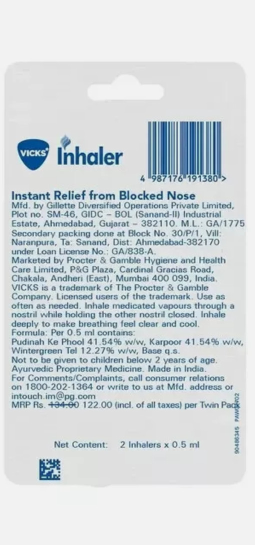 Vicks Inhaler 2 Pack(4 PIECE) Instant Relief From Blocked Nose 0.5ML NEW