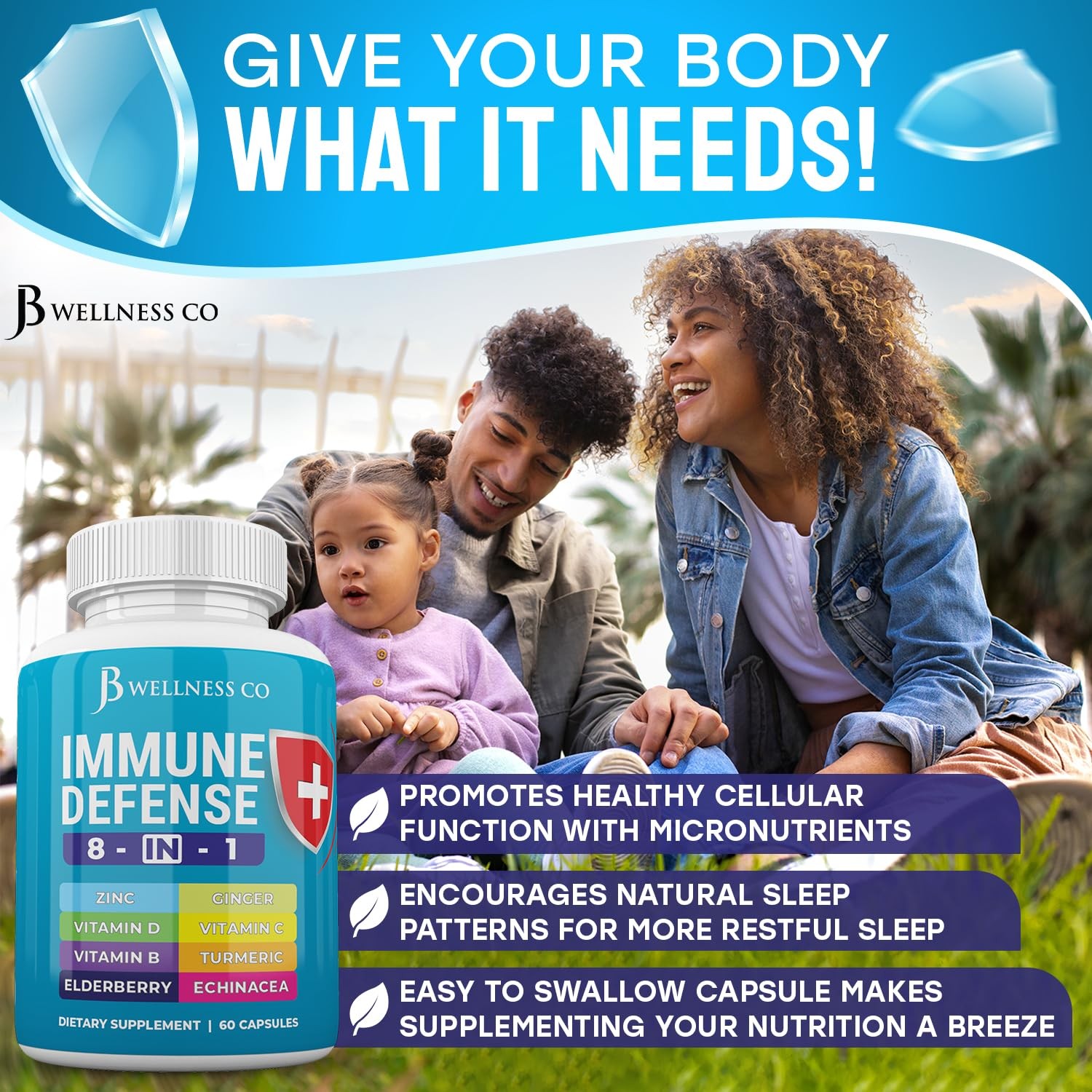 JB Wellness Co Immune Support 8 in 1 Capsules – Zinc 60 Count (Pack of 3)