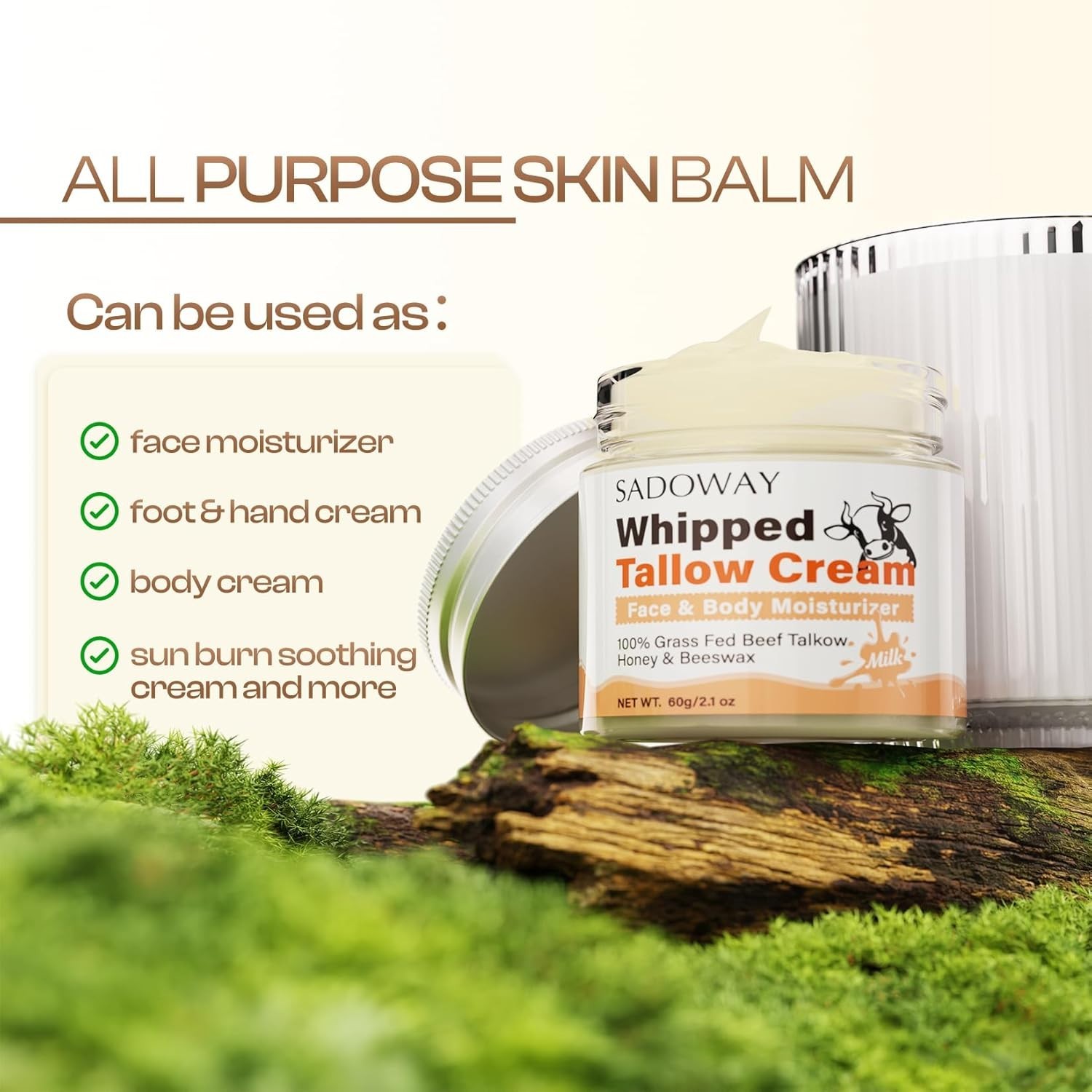 Whipped Beef Tallow Honey Balm Face Moisturizer Dry Skin 2.12oz