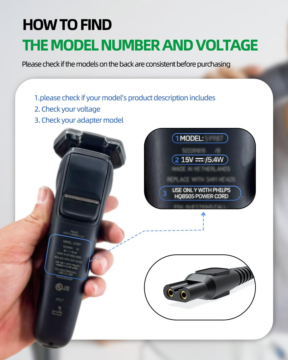 15V Charger Fit for Philips Norelco HQ8505 MG5750 MG7750 MG7770 MG7790 QP6531 QP