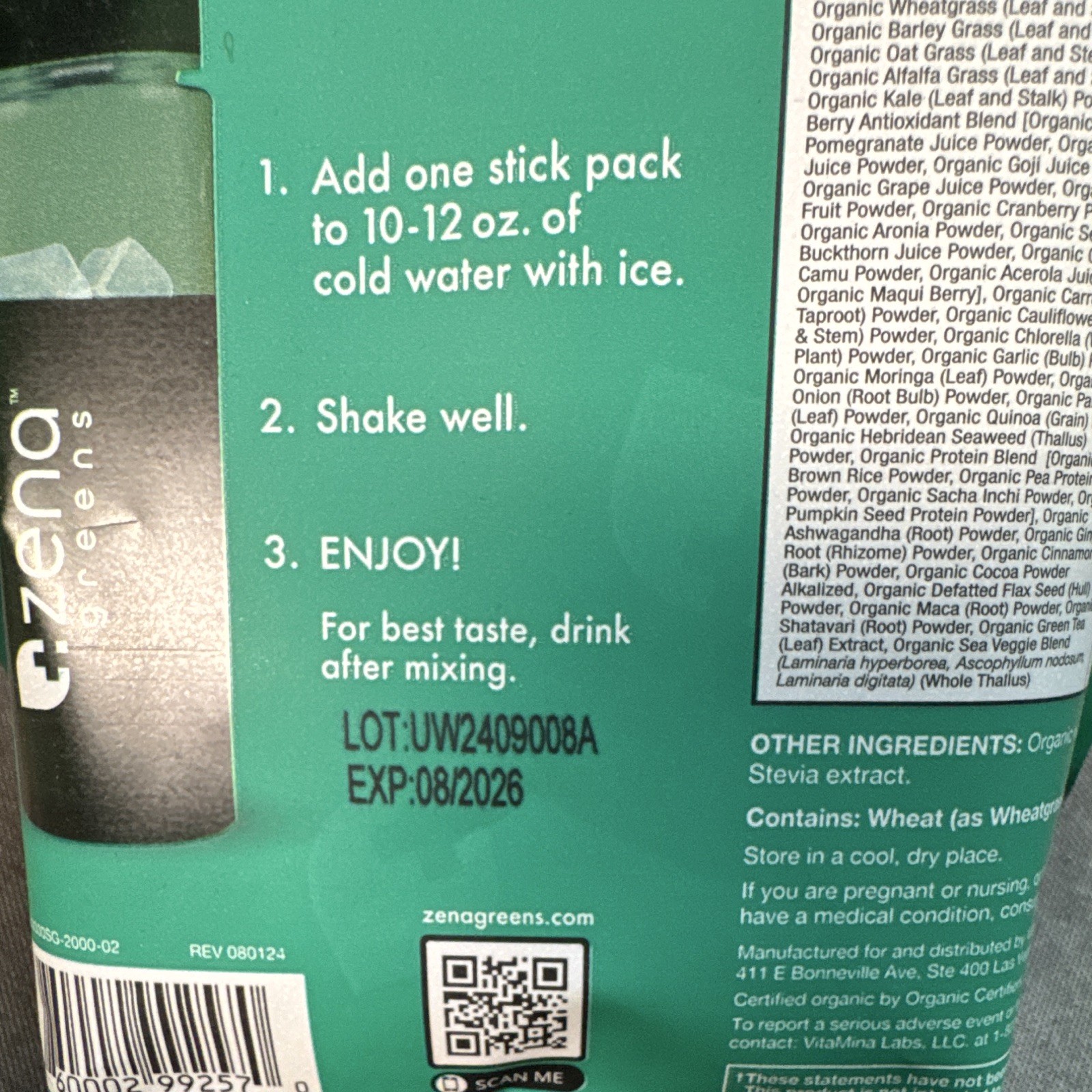 Zena Greens Organic Zero Sugar Supergreens Powder, Mixed Berry, Probiotics